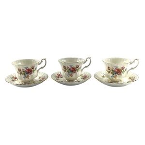 Royal Albert Moss Rose Tea Cups & Saucers Bone China Set of 3 Vintage 1956